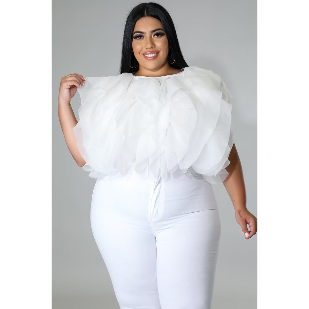 PLUS SIZE RUFFLE TULLE CROP TOP BLOUSE  WHITE - Picture 5 of 8